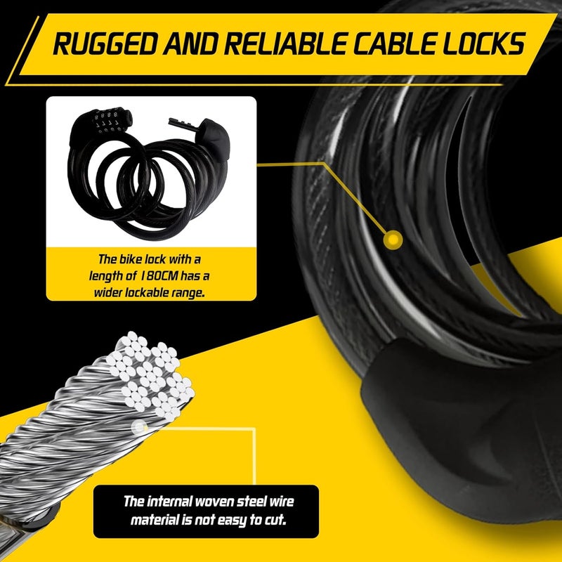 FBGAGH Bicycle Cable Lock, 4-Digit Combination, 6-Foot Long, Resettable Anti-Theft Bicycle Lock,Accessories for Mountain Bike, Road Bike, Electric Bicycle, Scooter（Black） - Image 4